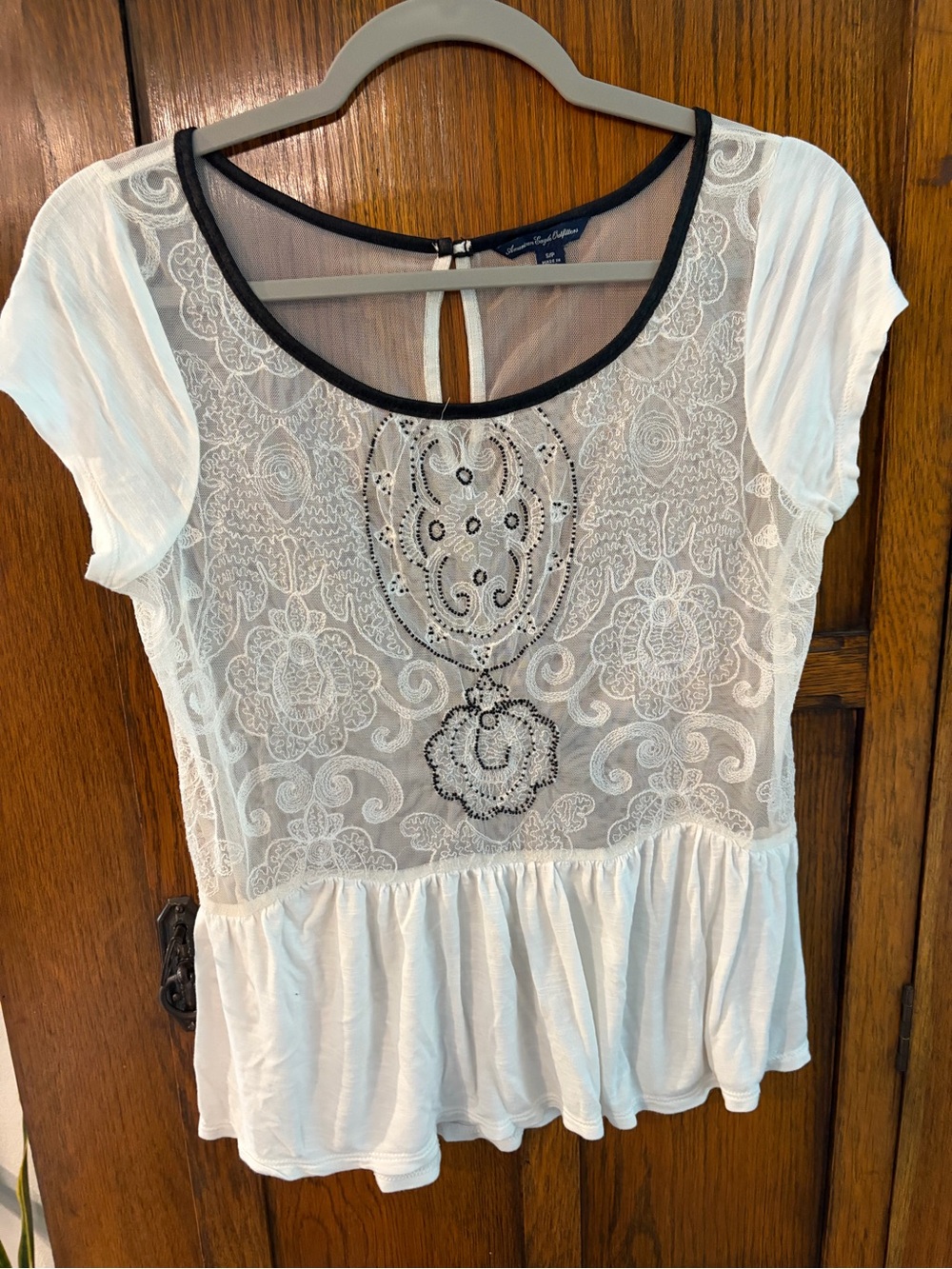 American Eagle Outfitters White Lace Peplum Top with Black Trim